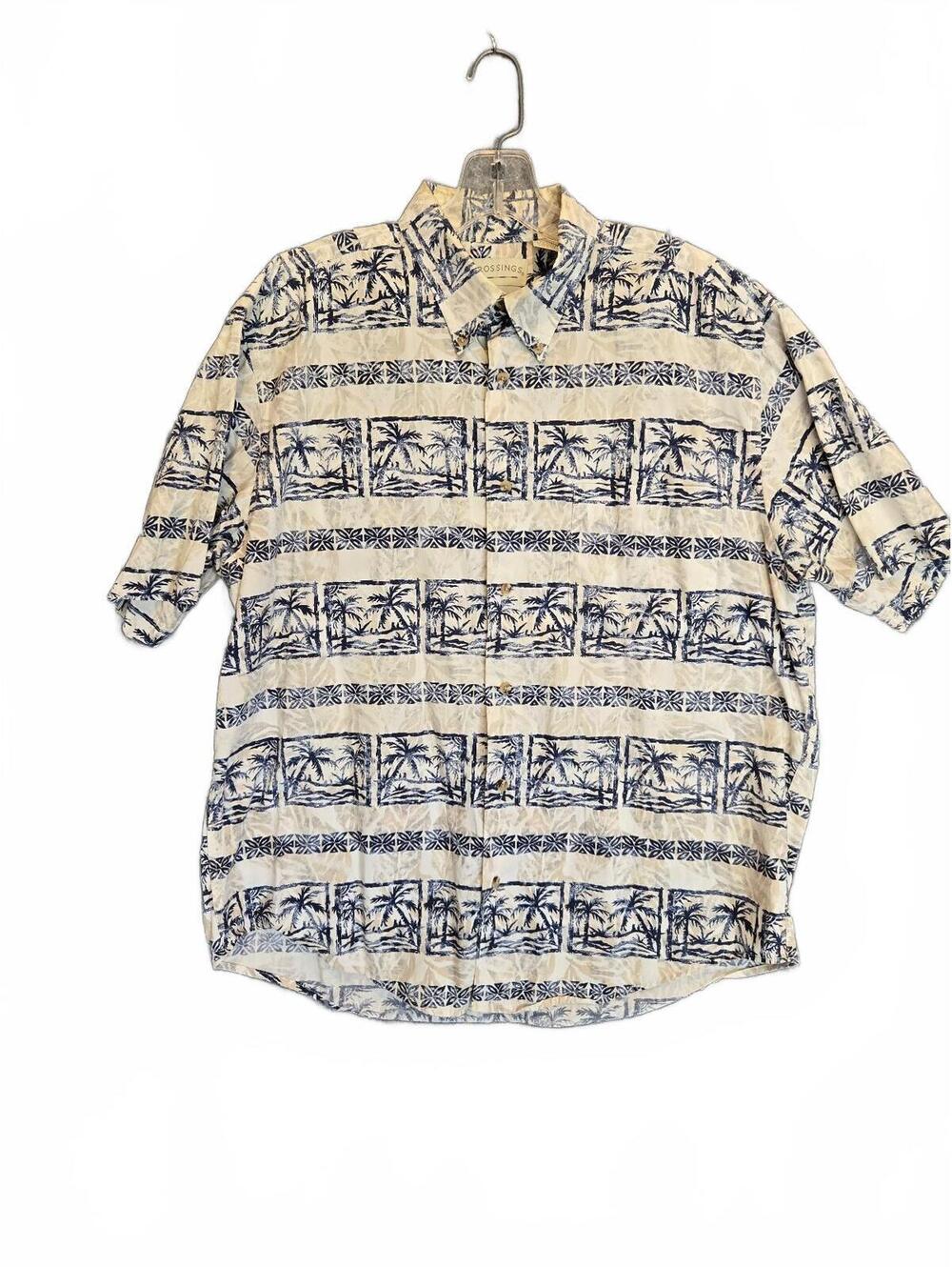 Crossings Men's Hawaiian Shirt Short Sleeve Palm Tree Block Print Blue Beige Lrg